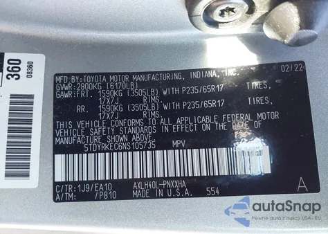 2022 Toyota Sienna Xle z USA, uszkodzony, nr VIN 5TDYRKEC6NS105735